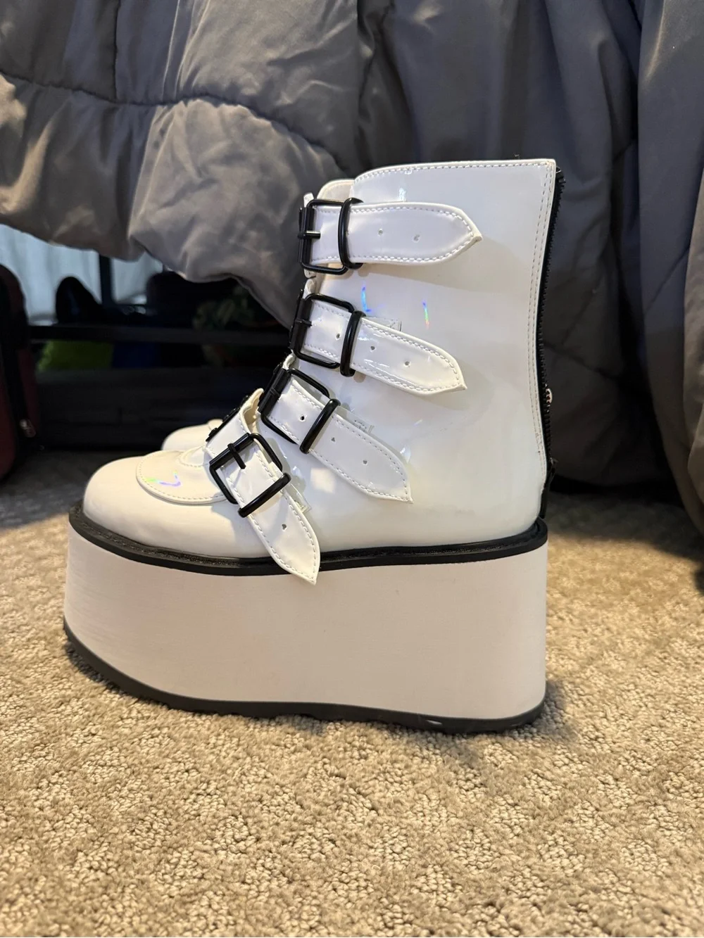 Demonia Damned-105 White Holographic Platform Boots | Size 7